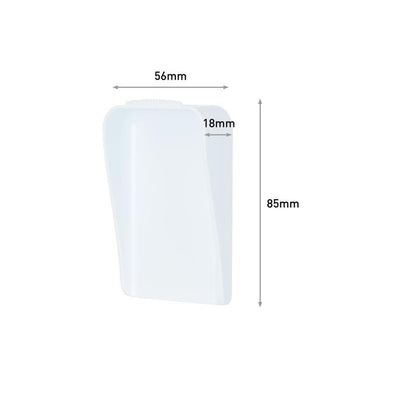Agățătorul Command™ pentru pânză de la 3M Deutschland GmbH este ilustrat pe un fundal simplu alb. Este un obiect dreptunghiular din plastic alb cu o lățime de 56 mm, o adâncime de 18 mm și o înălțime de 85 mm, ale cărui dimensiuni sunt clar etichetate.