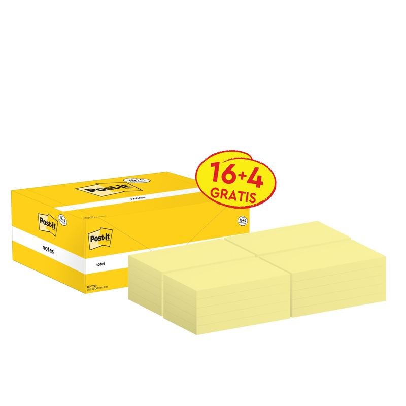 O cutie galbenă de Post-it® Notes (76mm x 127mm, 100 foi/bloc) de la 3M, conține 16 blocuri plus 4 gratis. Eticheta "16+4 GRATIS" face ca acest produs de birou certificat PEFC să fie o completare valoroasă pentru orice spațiu de lucru.