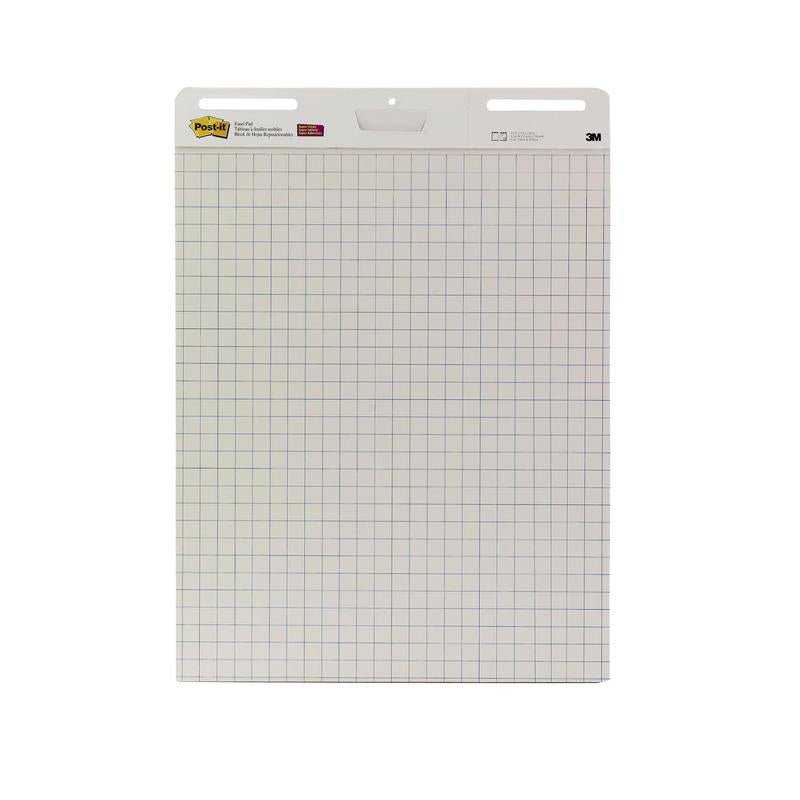 Diagrama/Flipchart-ul autoadeziv Post-it® Super Sticky de la 3M Deutschland GmbH, alb, 58,4 x 50,8 cm, 20 de foi/bloc (2 blocuri), cu benzi Command™ pentru montare pe perete, este ideal pentru întâlniri și prezentări.