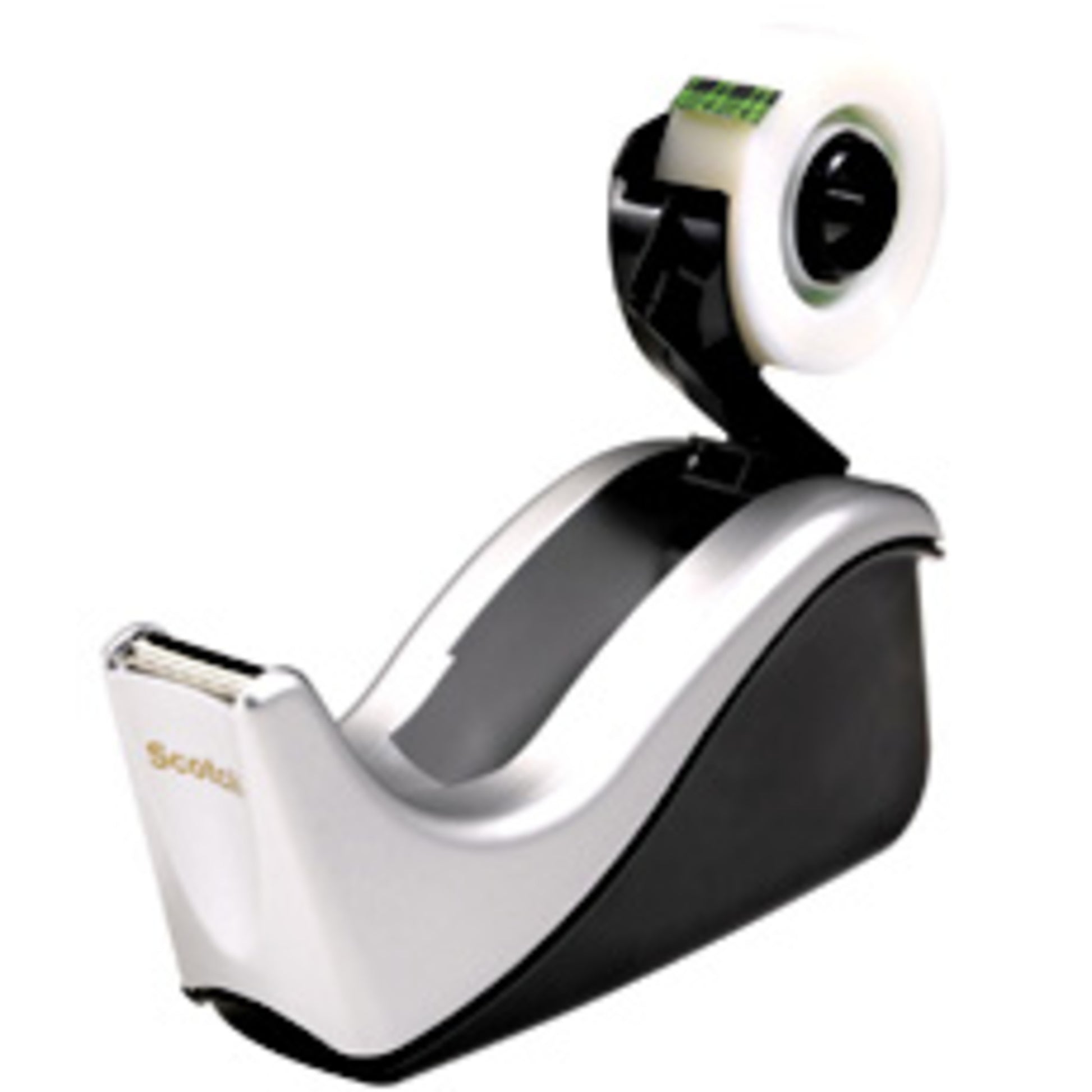 Der 3M Deutschland GmbH Scotch™ Klebeband-Abroller C60 wird mit einem teilweise gebrauchten Scotch® Magic™ Unsichtbares Klebeband (19 mm x 33 mm) bestückt; der schwarz-silberne Spender trägt auf der Vorderseite den Markennamen.