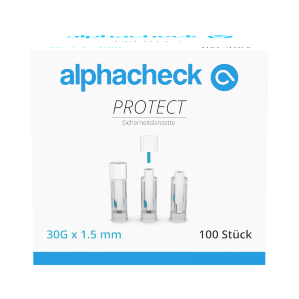 Eine Schachtel Alphacheck PROTECT Sicherheitslanzetten (30G x 1,5 mm, 100 Stück) von Berger Med GmbH für schmerzarme Blutentnahme; drei Lanzetten mit Schutzkappen und alphacheck-Logo auf weißem Hintergrund.