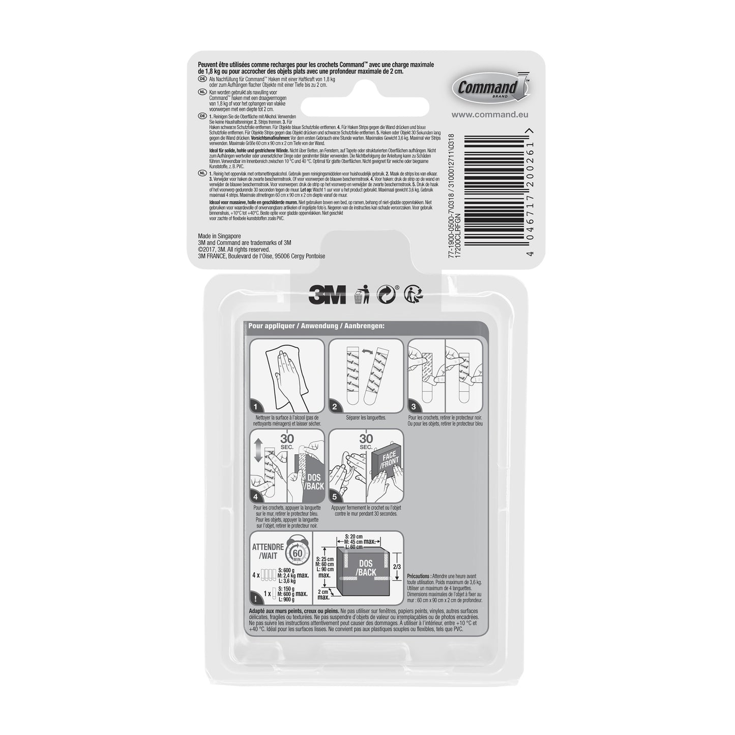 Partea din spate a unui 3M Deutschland GmbH Multipack Command™ Strips, transparent 17200CLR, arată un ghid ilustrat pentru aplicarea și îndepărtarea benzilor, informații despre produs, avertismente și un cod de bare pentru fixarea pe perete fără urme.