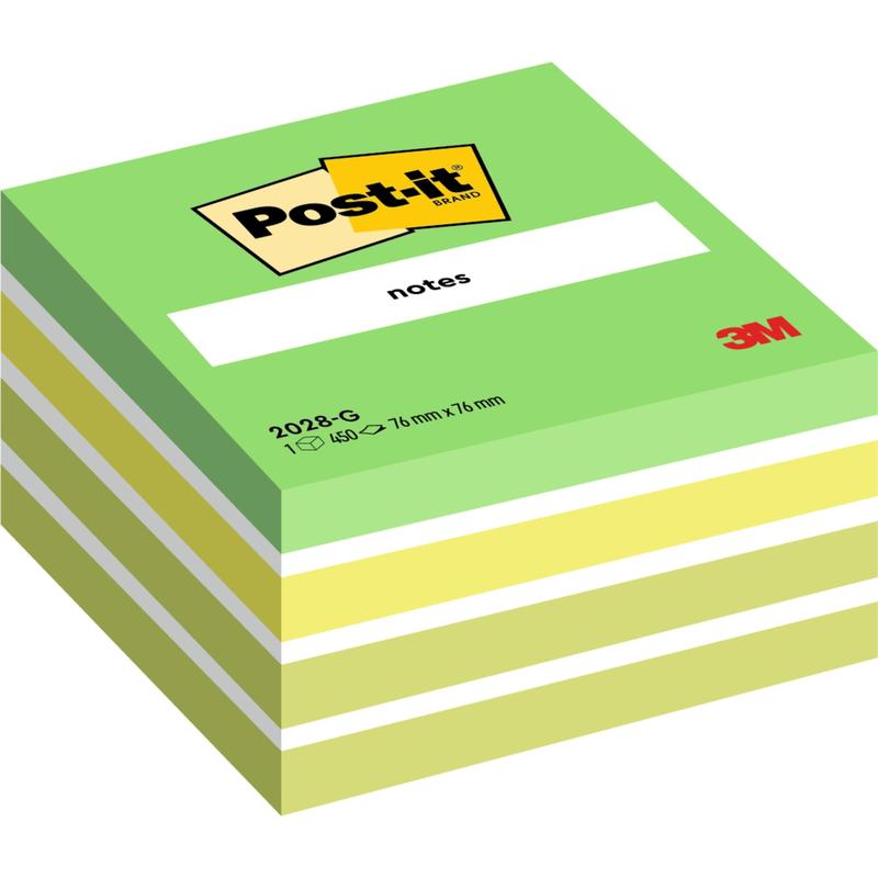 Un teanc de note adezive Post-it® cub verde și galben (76 mm x 76 mm, 450 foi/bloc, 100% PEFC) al 3M Deutschland GmbH, cu logo-ul Post-it și detalii despre produs pe ambalaj.