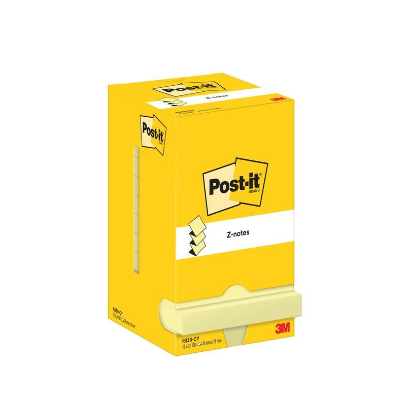 O cutie galbenă de Post-it® Super Sticky Z-Notes (76 x 76 mm, 100 foi/bloc, 12 blocuri/pachet) de la 3M Deutschland GmbH este prezentată într-un ambalaj de carton certificat PEFC cu logo-ul și o imagine a notițelor.