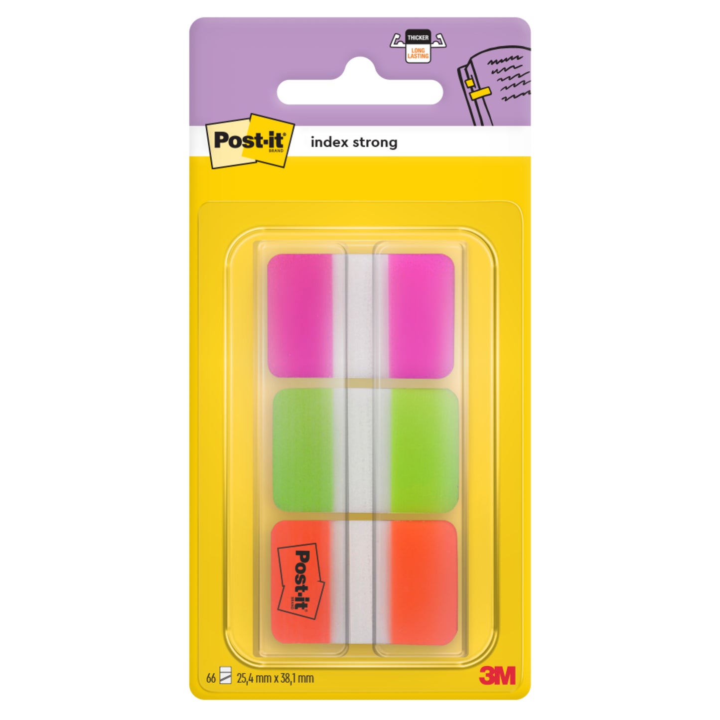 Un pachet de Post-it® Index Strong Ablagetabs de la 3M Deutschland GmbH, dimensiune standard (25,4 x 38,1 mm), sortate pe culori, 66 de file pe distribuitor, ambalate în plastic pe hârtie suport galbenă și violetă.