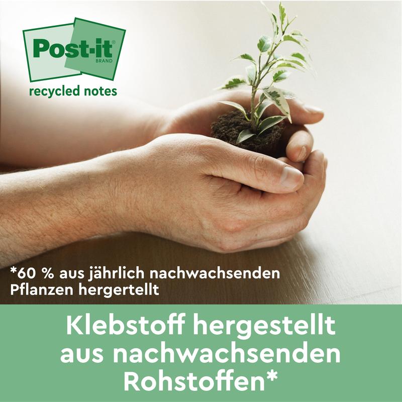 O pereche de mâini ține o mică plantă verde cu pământ. Textul german promovează Post-it® Notes reciclate (38 x 51 mm, 100 de foi, 100% PEFC) de la 3M Deutschland GmbH și subliniază adezivul acestora din materiale vegetale regenerabile în proporție de 60%.