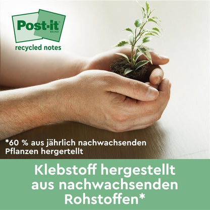 O pereche de mâini ține o mică plantă verde cu pământ. Textul german promovează Post-it® Notes reciclate (38 x 51 mm, 100 de foi, 100% PEFC) de la 3M Deutschland GmbH și subliniază adezivul acestora din materiale vegetale regenerabile în proporție de 60%.