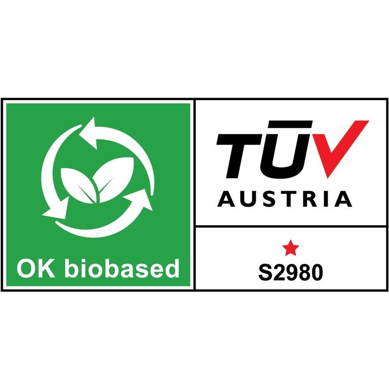 O etichetă de certificare dreptunghiulară pentru suportul de bandă adezivă Scotch™ C18 mov + bandă adezivă invizibilă Scotch® Magic™ 19 mm x 33 m de la 3M Deutschland GmbH arată o secțiune verde „OK biobased” și o zonă albă cu „TÜV AUSTRIA” și o stea roșie (S2980).