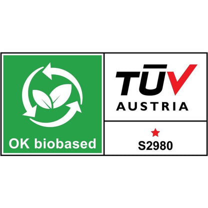 O etichetă de certificare dreptunghiulară pentru suportul de bandă adezivă Scotch™ C18 mov + bandă adezivă invizibilă Scotch® Magic™ 19 mm x 33 m de la 3M Deutschland GmbH arată o secțiune verde „OK biobased” și o zonă albă cu „TÜV AUSTRIA” și o stea roșie (S2980).