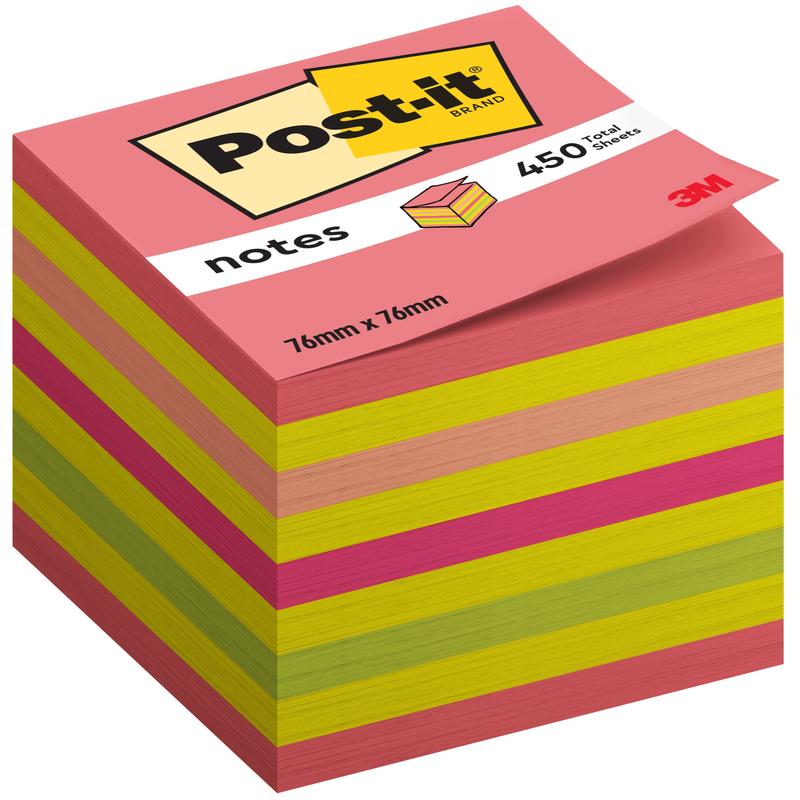 Un teanc de cuburi Post-it® de la 3M Deutschland GmbH, 76 x 76 mm, 450 foi pe bloc, certificat 100% PEFC.