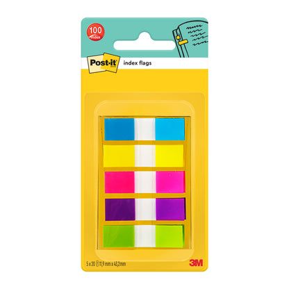 Der Post-it® Index Haftstreifen Mini von 3M Deutschland GmbH enthält 100 Haftstreifen in den Farben blau, gelb, pink, grün und orange (Größe: 11,9 mm x 43,2 mm), die auf einer gelben und orangefarbenen Rückwandkarte angeordnet sind.