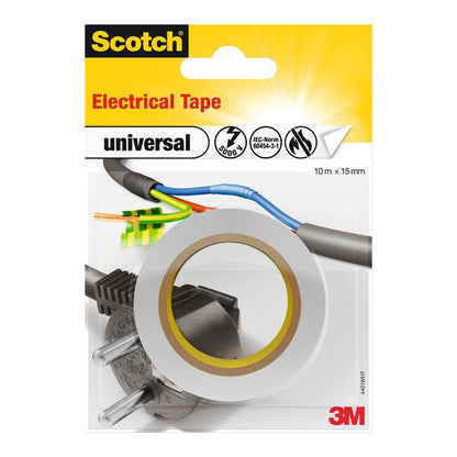 Un pachet de bandă izolatoare universală Scotch® de la 3M Deutschland GmbH, 1 rolă (10 m x 15 mm), ilustrat cu o rolă de bandă adezivă, fire electrice și un conector pe etichetă.