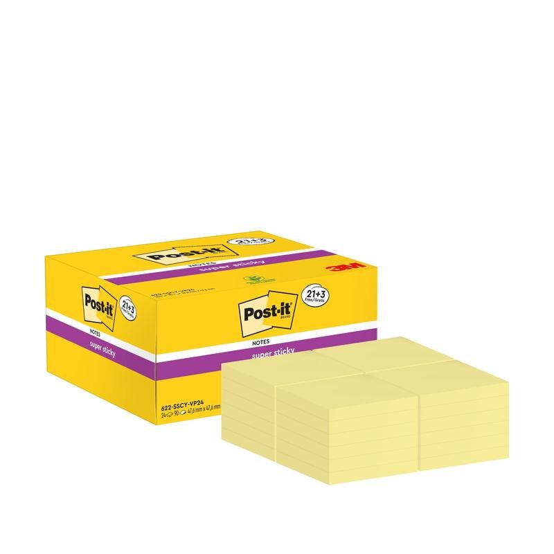 O cutie galbenă Post-it® Super Sticky Notes, Galben, 47,6 x 47,6 mm de la 3M Deutschland GmbH, conține 21 de blocuri plus 3 blocuri gratuite cu câte 90 de foi. Fabricat din hârtie certificată 100% PEFC pentru aderență suplimentară (SGSCH-PEFC-COC-110078).