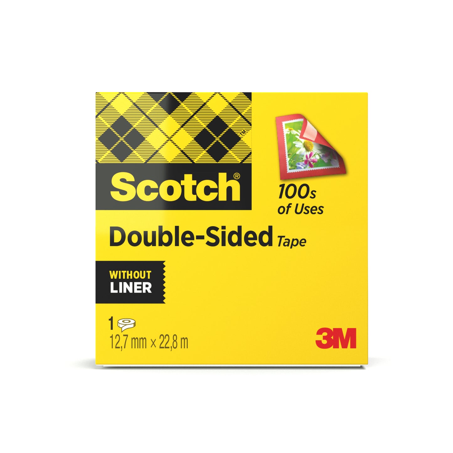 Eine gelbe Schachtel Scotch® doppelseitiges Klebeband von 3M Deutschland GmbH, 12 mm x 22,8 m, ist schwarz kariert und enthält 1 Rolle pro Packung.