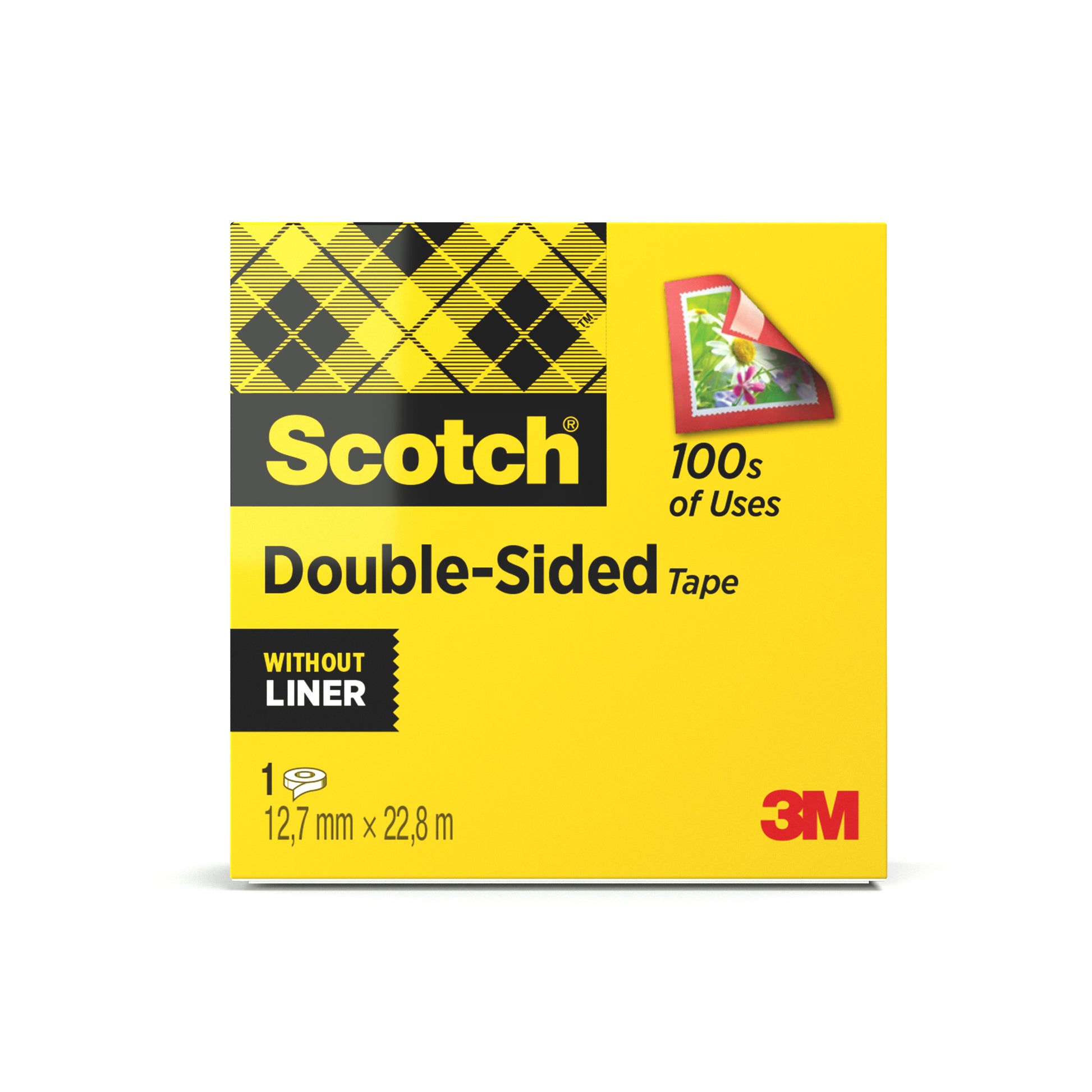 Eine gelbe Schachtel Scotch® doppelseitiges Klebeband von 3M Deutschland GmbH, 12 mm x 22,8 m, ist schwarz kariert und enthält 1 Rolle pro Packung.