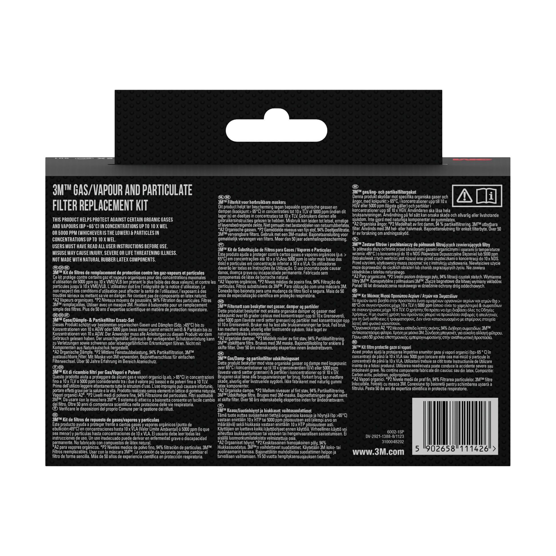 Rückansicht einer 3M Deutschland GmbH Filtersatz 6002-1, A2P2 (2x6055, 2x5925, 2x501) Schachtel mit mehrsprachiger Produktinformation, Anleitung auf schwarzem Hintergrund, Barcode und Aufhängelasche an der Oberseite.