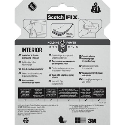 Ambalajul benzii de montare interioară dublu adezivă Scotch-FIX™ de la 3M Deutschland GmbH prezintă text multilingv, imagini de utilizare și simboluri care arată că banda poate susține până la 7 kg.