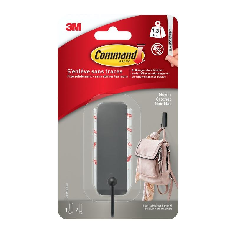 Un pachet cu 1 cârlig Command™ mat negru de dimensiuni medii, 17034B, și 2 benzi de la 3M Deutschland GmbH, ilustrat cu un rucsac - ideal ca cârlig de perete fără găurire. Include text bilingv și branding.