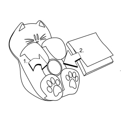 Desen liniar al unui dispenser alb Post-it® Z-Notes în formă de pisică de la 3M Deutschland GmbH, etichetat cu "1", care ține un obiect rotund, cu o săgeată care indică spre dreapta spre note roz pliate Post-it® Super Sticky Z-Notes, etichetate cu "2".