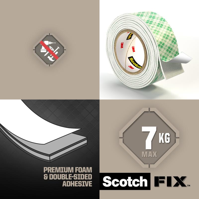 Imagine cu banda de montare interioară dublu adezivă Scotch-FIX™ de la 3M Deutschland GmbH, care arată rola de bandă adezivă, simbolul No-Nails, stratul de spumă și adeziv, "7 KG MAX" și "Premium Foam & Double-Sided Adhesive" pe un fundal împărțit.