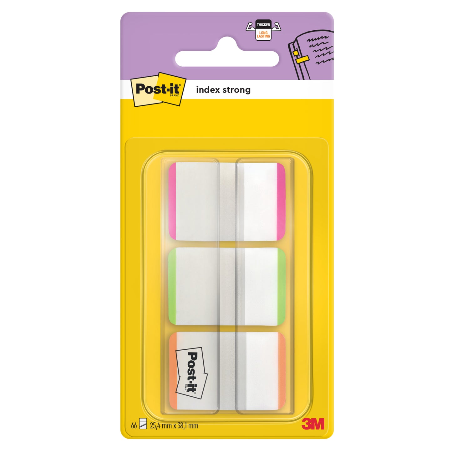 Este ilustrat un pachet de 3M Deutschland GmbH Post-it® Index Strong Ablagetabs, standard, culori diferite (25,4 mm x 38,1 mm, 66 de file adezive/distribuitor), în ambalaj clar din plastic și galben.