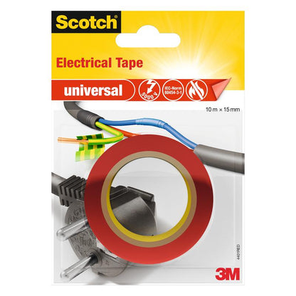 Un ambalaj de bandă izolatoare universală Scotch®, 10 m x 15 mm (1 rolă), de la 3M Deutschland GmbH, cu bandă adezivă roșie peste un conector de rețea și cabluri expuse. Pe ambalaj sunt afișate logo-urile Scotch și 3M.
