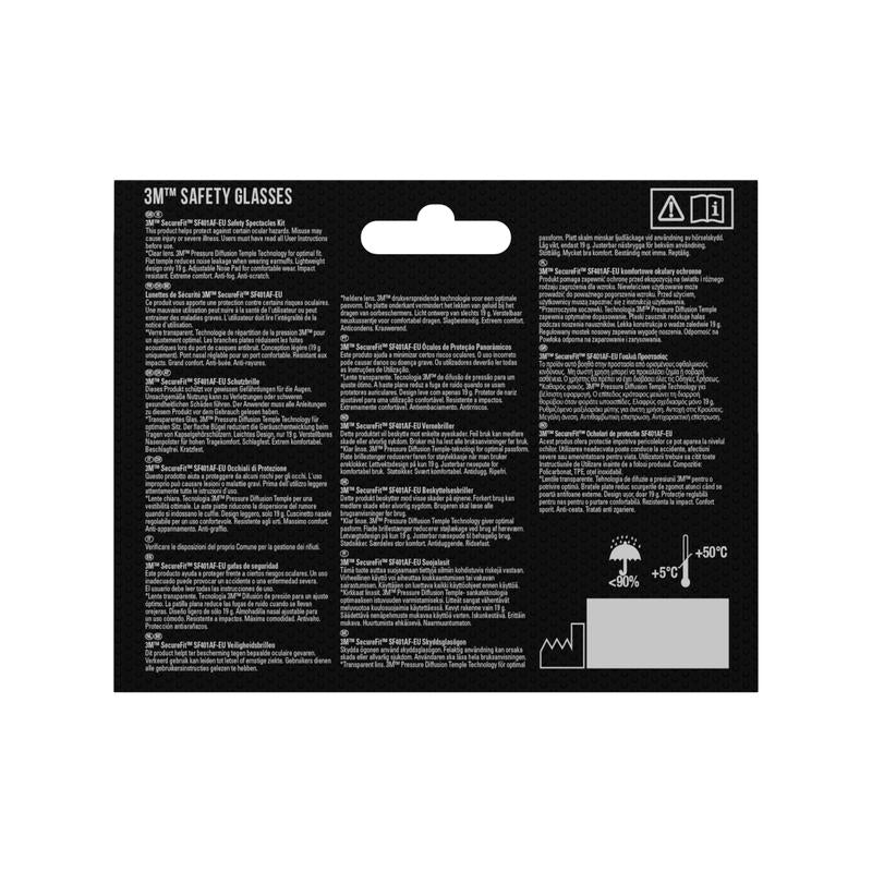 Partea din spate a unui ambalaj de ochelari de protecție 3M™ SecureFit™ 400 de la 3M Deutschland GmbH cu detalii despre produs, instrucțiuni și simboluri de siguranță în mai multe limbi pe fundal negru. Simbolurile pentru intervalul de temperatură și umiditate se află în colțul din dreapta jos.