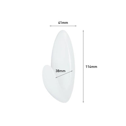 Cârligul pentru prosoape de baie Command™ de la 3M Deutschland GmbH este un cârlig de perete alb cu un design neted și curbat, care are 41 mm lățime, 38 mm adâncime și 114 mm înălțime. Săgeți negre cu text indică cele trei dimensiuni.