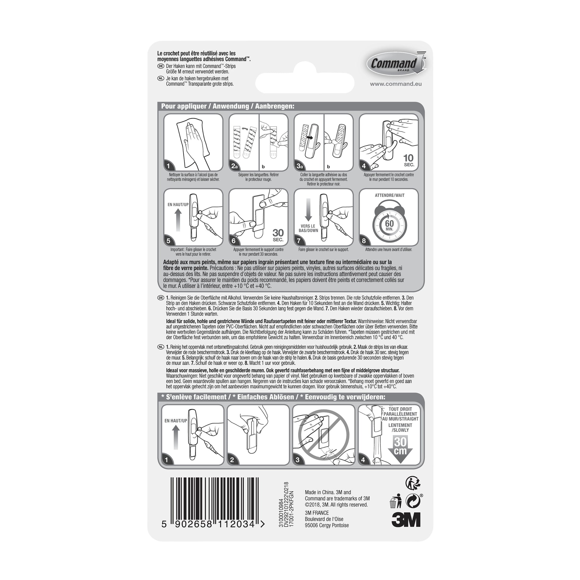Auf der Rückseite des Mittelgroße Command™ Mehrzweckhaken M Vorteilspack (17001-2) von 3M Deutschland GmbH befinden sich bebilderte Montageschritte, mehrsprachige Warnhinweise, ein Barcode, Herstellerinformationen und das 3M Logo unten rechts.