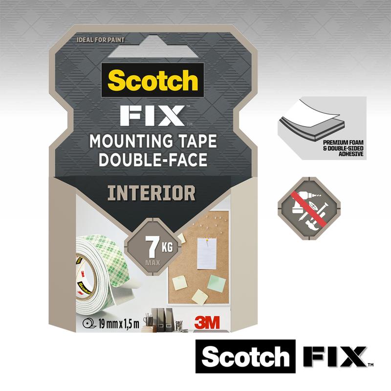 Ambalajul de bandă de montare interioară dublu adezivă Scotch-FIX™ de la 3M Deutschland GmbH pentru interior, dimensiune 19 mm x 1,5 m, suportă până la 7 kg. Arată imagini cu banda, exemple de utilizare, caracteristici și prezintă logo-urile Scotch și 3M.