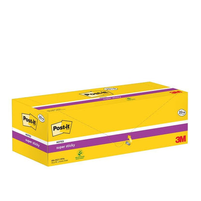 O cutie dreptunghiulară galbenă cu Post-it® Super Sticky Notes (76 mm x 76 mm, 90 foi/bloc, 100% PEFC) de la 3M Deutschland GmbH afișează logo-ul mărcii, detalii despre produs, simbolul verde de certificare și indică un pachet promoțional.