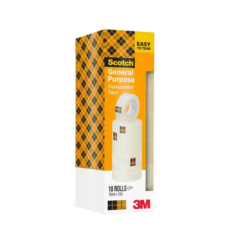 Un pachet cu 10 role de bandă adezivă transparentă Scotch® 508 (15 mm x 10 m) de la 3M Deutschland GmbH este livrat într-o cutie de carton galben pătrată cu eticheta "Easy to Tear".