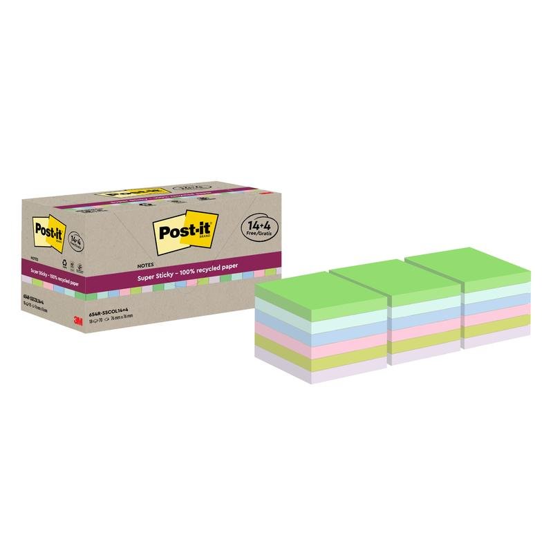 O cutie de Post-it® Super Sticky 100% Notes de reciclare de la 3M Deutschland GmbH (76 mm x 76 mm, 70 foi/bloc, certificat PEFC) este ilustrată lângă cinci teancuri colorate pe un fundal alb.