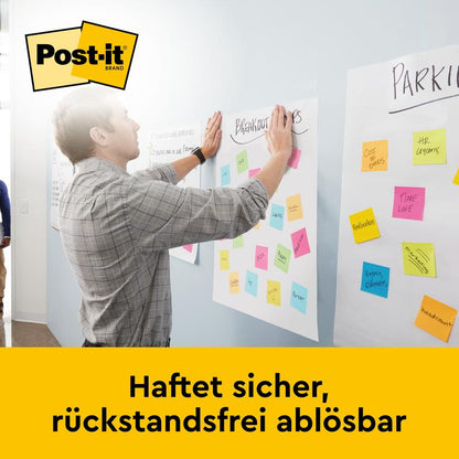 Un bărbat apasă o foaie de hârtie cu notițe Post-it colorate pe un perete și prezintă astfel Post-it® Super Sticky autoadeziv Meeting Chart/Flipchart de la 3M Deutschland GmbH pentru montare pe perete 566 (58,4 x 50,8 cm, 20 de foi, 2 blocuri, incl. benzi Command™).