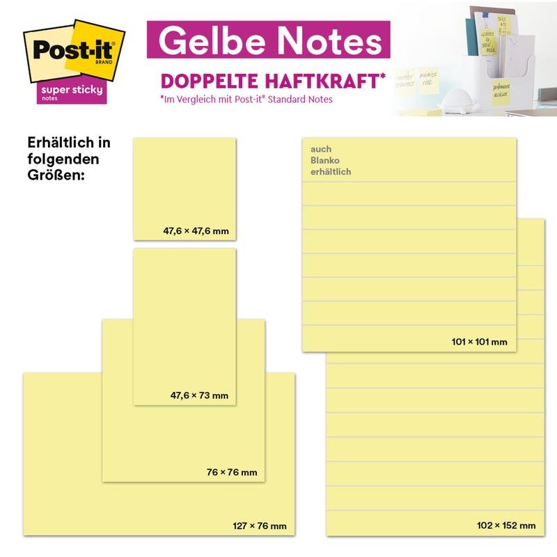 O reclamă pentru Post-it® Super Sticky Notes în format mare (101 mm x 101 mm, 90 foi/bloc, 100% PEFC) de la 3M Deutschland GmbH arată note galbene mari în uz pe un birou și evidențiază puterea de lipire extra puternică.