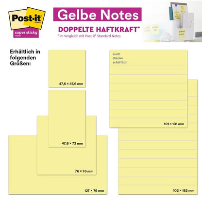 O reclamă pentru Post-it® Super Sticky Notes în format mare (101 mm x 101 mm, 90 foi/bloc, 100% PEFC) de la 3M Deutschland GmbH arată note galbene mari în uz pe un birou și evidențiază puterea de lipire extra puternică.