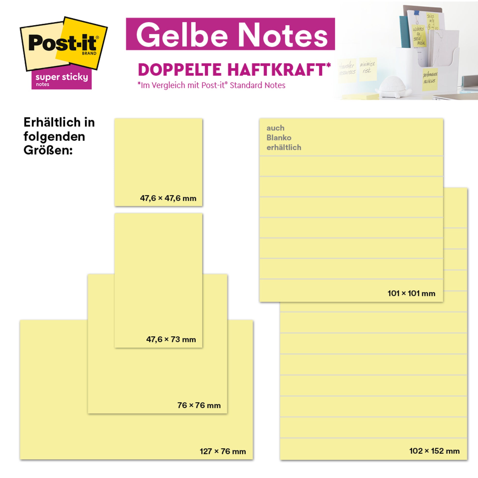 Fünf gelbe Post-it® Notes der 3M Deutschland GmbH im Format 38 mm x 51 mm sind auf weißem Untergrund abgebildet. Deutscher Text hebt hervor: Haftnotizen, 100 Blatt/Block, Promotion: 8 Blöcke + 4 Gratis/Packung, Kartonverpackung, PEFC-zertifiziert.