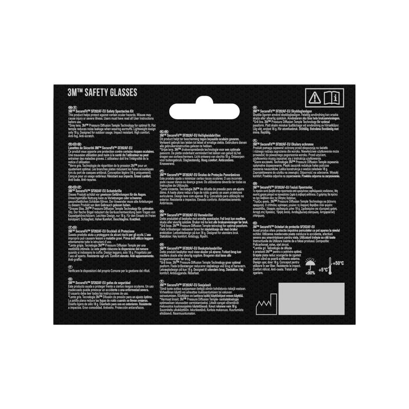 Partea din spate a unui ambalaj de ochelari de protecție 3M™ SecureFit™ 200 de la 3M Deutschland GmbH prezintă informații despre produs, instrucțiuni și avertismente în mai multe limbi cu simboluri și un cârlig de agățat; text alb pe fundal negru.