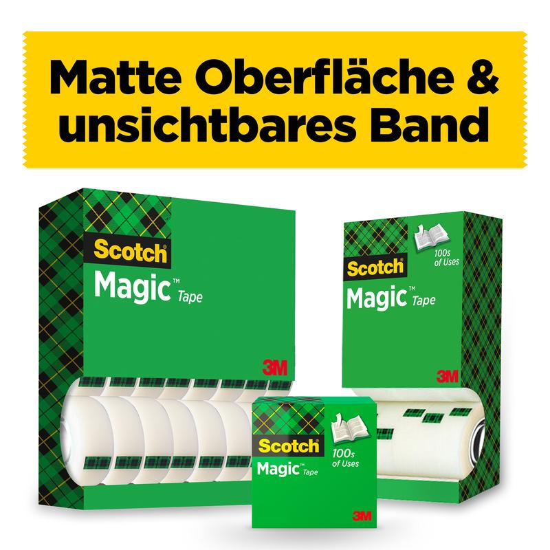 Trei cutii de bandă invizibilă Scotch® Magic™ de la 3M Deutschland GmbH sunt prezentate în diverse dimensiuni cu role vizibile. Sus este un banner galben cu inscripția „Suprafață mată & bandă invizibilă”, iar pe fiecare cutie se află logo-ul 3M.