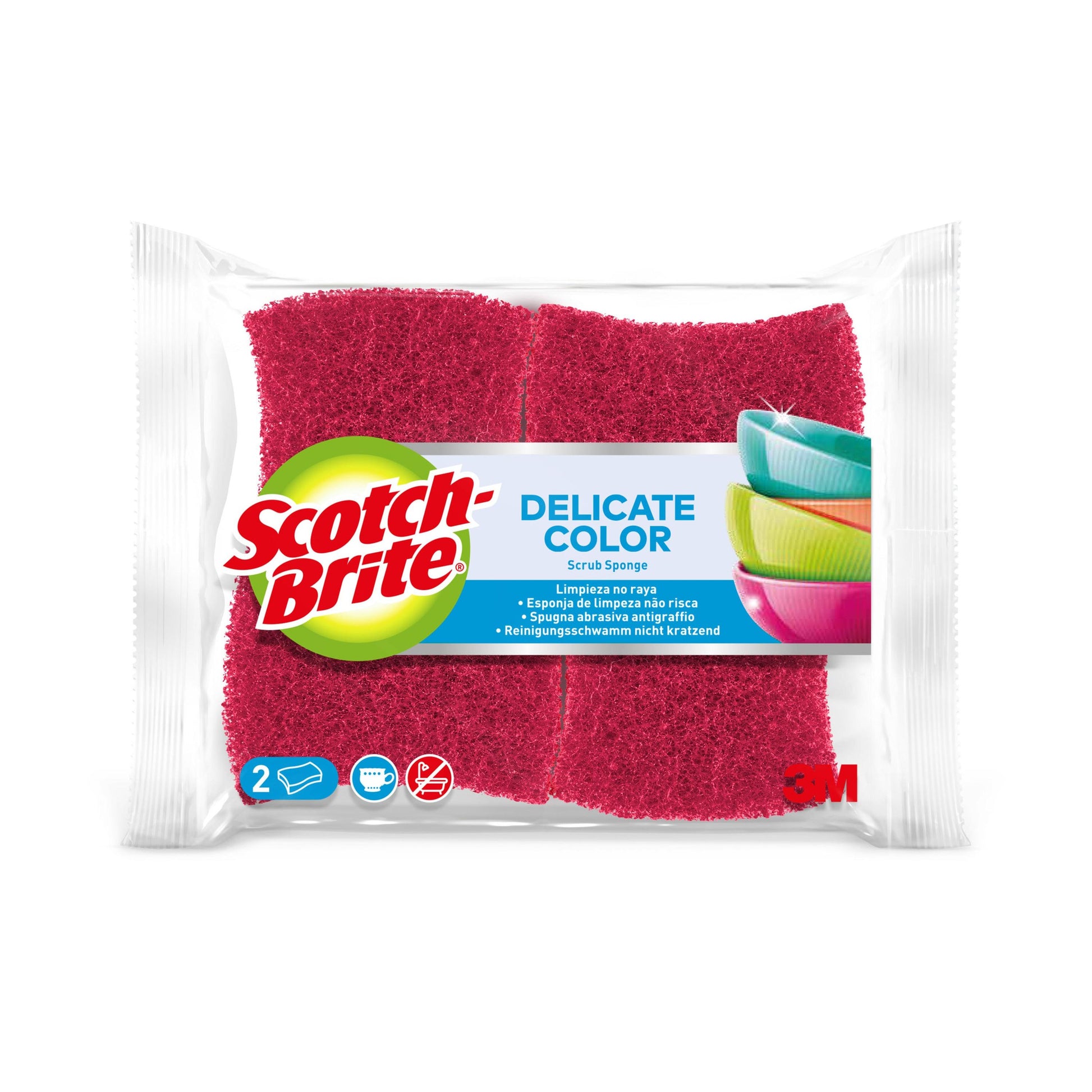 Ein 2er-Pack Scotch-Brite® Delicate Color nicht kratzender Reinigungsschwamm von 3M Deutschland GmbH. Die roten Schwämme eignen sich für empfindliche Oberflächen, mit einem Etikett, das das Markenlogo, den Produktnamen, bunte Geschirrabbildungen und Infos in mehreren Sprachen zeigt.