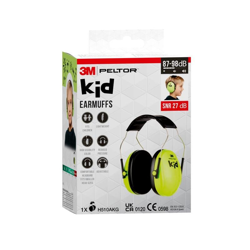 O cutie de protecție auditivă 3M™ PELTOR™ pentru copii de la 3M Deutschland GmbH, care prezintă o protecție auditivă verde lime pentru un copil. Ambalajul subliniază reducerea zgomotului, confortul ușor și potrivirea pentru copii.