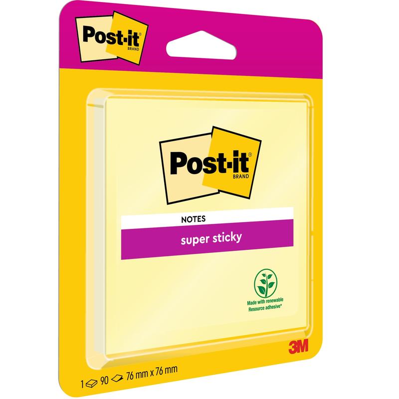 Un pachet de Post-it® Super Sticky Notes, Galben, 76 mm x 76 mm, 90 foi (1 bloc), de la 3M Deutschland GmbH. Ambalajul afișează logo-ul Post-it și simbolul frunzei verzi într-un design strălucitor roz și galben. Certificat PEFC.