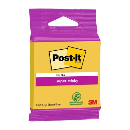 Un pachet de Post-it® Super Sticky Notes 6820S3 de la 3M Deutschland GmbH, dimensiune 76 x 76 mm, în verde neon, roz neon, galben ultra, verde ultra și roz ultra; 1 bloc cu 75 de foi; adeziv din resurse regenerabile; certificat PEFC.