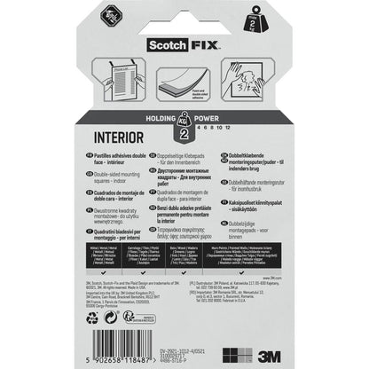 Partea din spate a pătratelor de montaj interior cu două fețe Scotch-FIX™ 4496-ST16-P de la 3M Deutschland GmbH (25 mm x 25 mm, 16 bucăți/pachet) conține instrucțiuni în mai multe limbi, specificații, avertismente și simboluri de utilizare. Ideal pentru fixare puternică în interior.