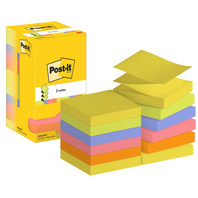 O cutie de Post-it® Super Sticky Z-Notes de la 3M Deutschland GmbH (76 mm x 127 mm, 100 foi/bloc, ambalaj din carton, 100% PEFC) este prezentată lângă stive de notițe pătrate în galben, albastru, portocaliu, roz și mov, cu o notiță galbenă ridicată.