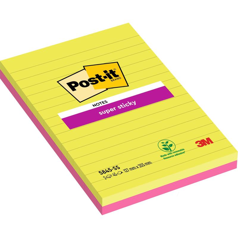 Un pachet cu două blocuri mari de Post-it® Super Sticky Notes de la 3M Deutschland GmbH, căptușite în roz și verde (127 mm x 203 mm, câte 45 de foi), fabricate cu adeziv pe bază de plante și 100% certificate PEFC (SGSCH-PEFC-COC-110078).