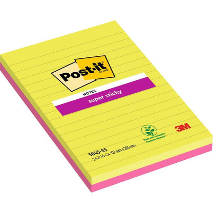 Un pachet cu două blocuri mari de Post-it® Super Sticky Notes de la 3M Deutschland GmbH, căptușite în roz și verde (127 mm x 203 mm, câte 45 de foi), fabricate cu adeziv pe bază de plante și 100% certificate PEFC (SGSCH-PEFC-COC-110078).