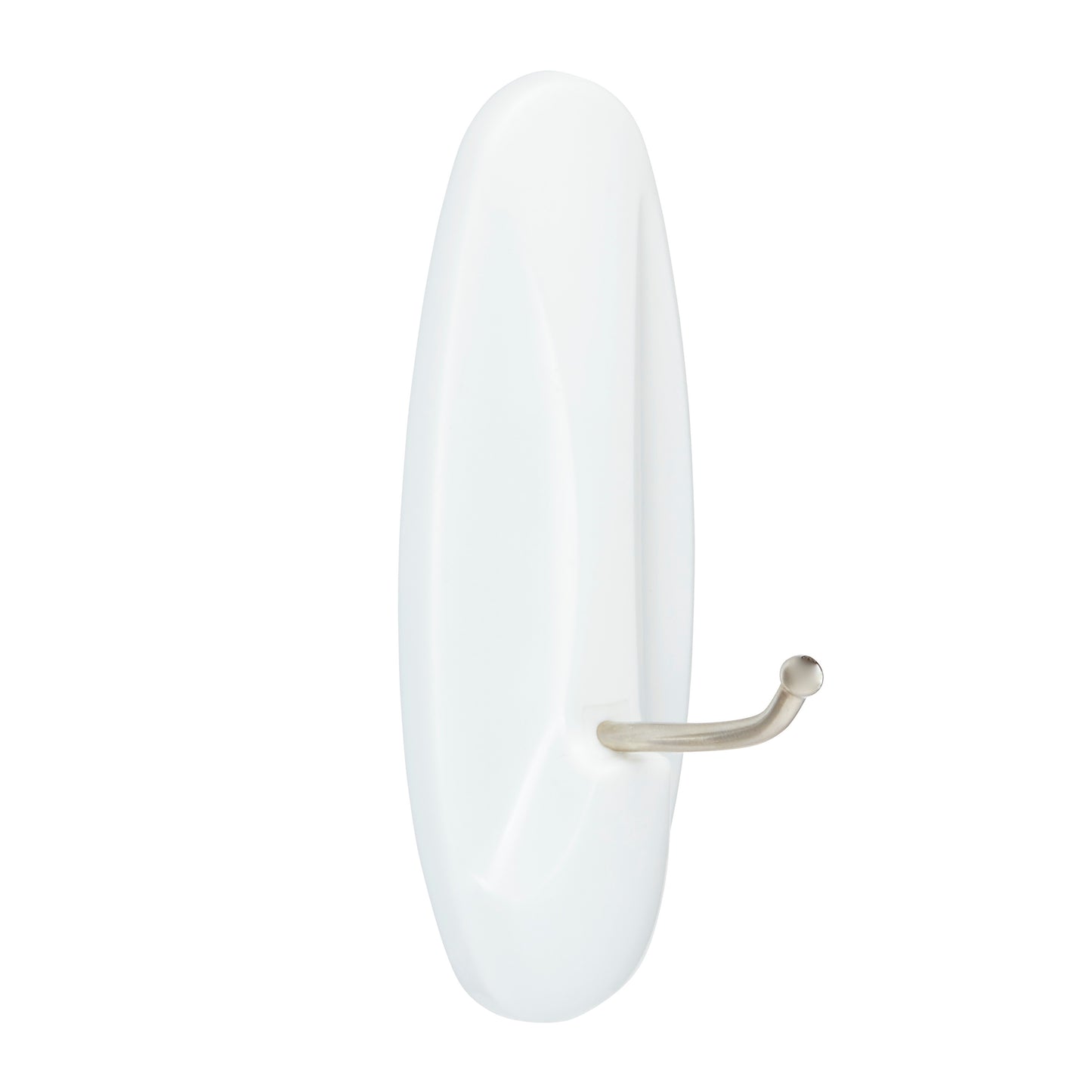 Ein silberner Metallhaken (Command™ Large Drahthaken, 17069) der 3M Deutschland GmbH ist an einem ovalen weißen Kunststoffsockel befestigt - ideal als Wandhaken oder Haken ohne Bohren - und wird vor einem schlichten weißen Hintergrund gezeigt.