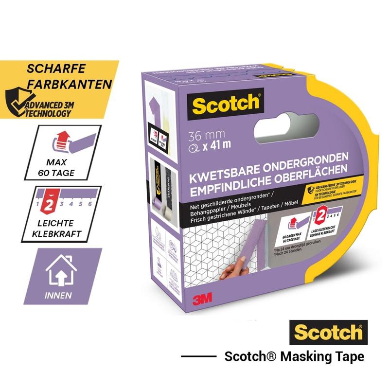 Banda de mascare Scotch® pentru suprafețe sensibile, 24 mm x 41 m, 1 rolă/pachet, certificată PEFC (SGSCH-PEFC-COC-110078), cu detalii în germană/olandeză; forță de aderență ușoară, pentru utilizare interioară, branding 3M.