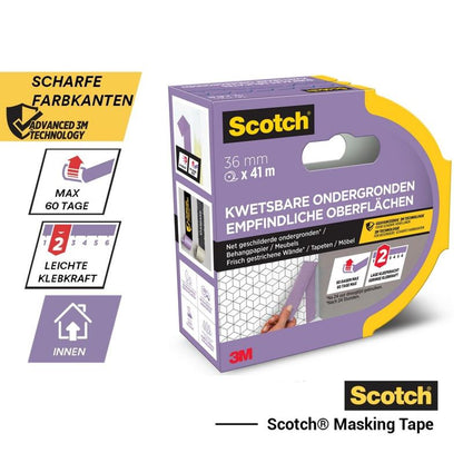 Banda de mascare Scotch® pentru suprafețe sensibile, 24 mm x 41 m, 1 rolă/pachet, certificată PEFC (SGSCH-PEFC-COC-110078), cu detalii în germană/olandeză; forță de aderență ușoară, pentru utilizare interioară, branding 3M.
